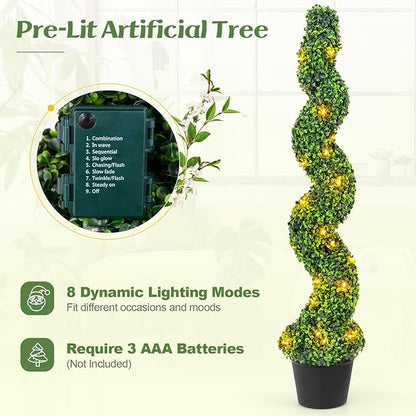 Goplus 4FT Pre-Lit Artificial Spiral Boxwood Topiary Tree, 2 Pack 47” Tall Faux Potted Fake Greenery Plants w/ 100 LED Lights, Nursery Pot, Indoor Outdoor Home Front Porch Holiday Decoration