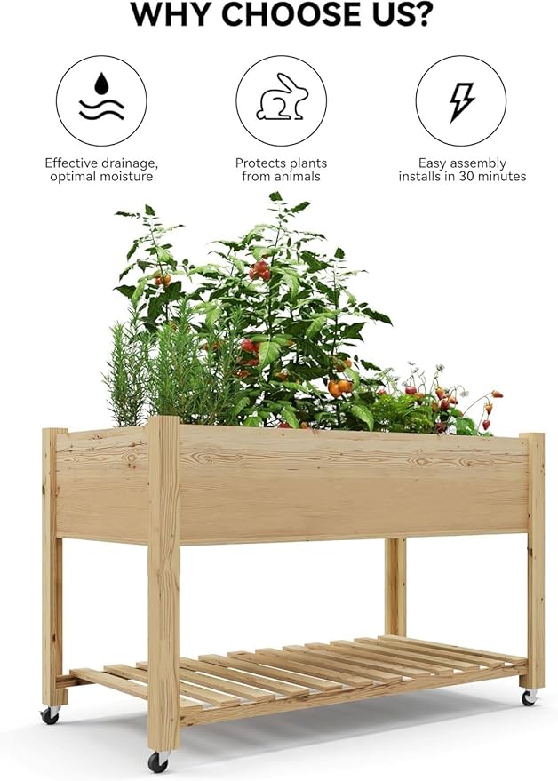 Raised Garden Bed with Wheels and Storage Shelf, Elevated Wooden Planter Box with Locking Casters for Patio, Balcony, Deck Gardening, Natural Wood Finish