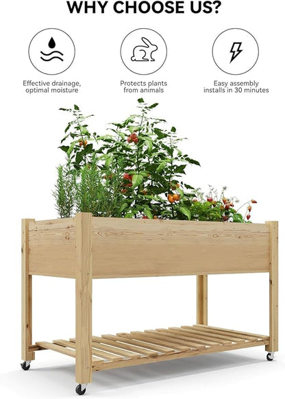 Raised Garden Bed with Wheels and Storage Shelf, Elevated Wooden Planter Box with Locking Casters for Patio, Balcony, Deck Gardening, Natural Wood Finish