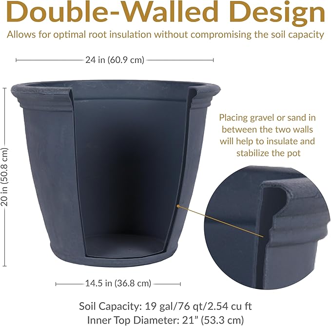Sunnydaze 24-Inch Anjelica Large Plastic Pot for Plants - Double-Walled Outdoor Polyresin Round Planter Porch Pot with Drillable Drainage Holes - Slate - 4pk
