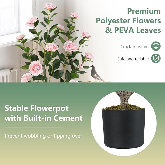 Goplus 36’’ Artificial Camellia Tree, 2 Pack Flower Plants Artificial Tree, Faux Floral Plant Blooming Tree in Nursery Pot, Greenery Potted Plant for Indoor Office Home Porch Decor, Pink