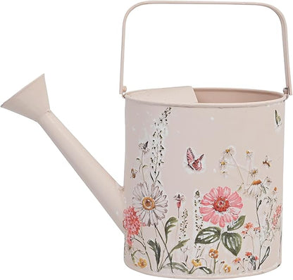 Vintage Floral Metal Watering Can for Indoor/Outdoor Plants, Pink Functional Garden Waterer with Long Spout, Garden Water Pot Rustic Decor for Home Garden Patio