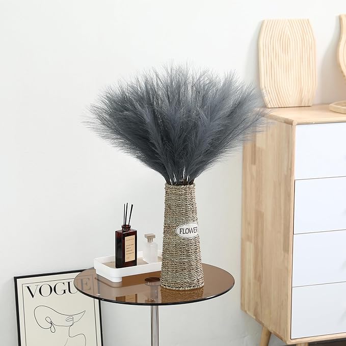 Grey Pampas Grass Decor - 30pcs 24 Inch Long Faux Pampas Grass Decor, Artificial Pampas Feather for Vase Filler, Wedding, Party, Office and Home Decor (Grey)