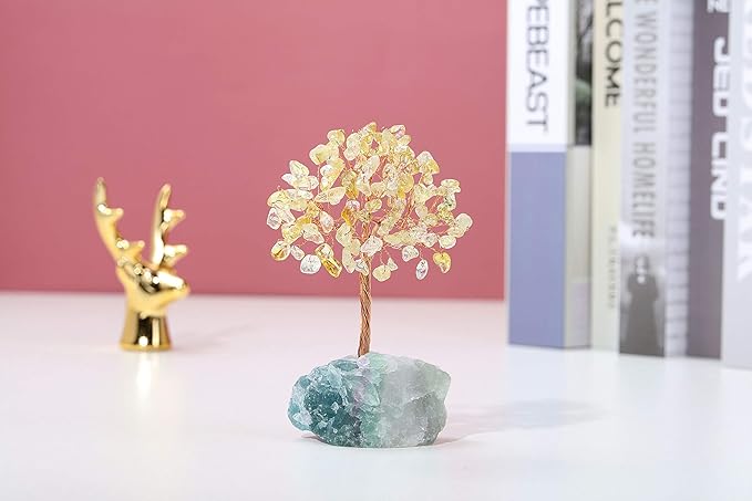Jovivi Natural Citrine Crystal Tree, Raw Healing Crystals Fluorite Base Bonsai Money Tree for Home Office Table Decor Wealth and Luck