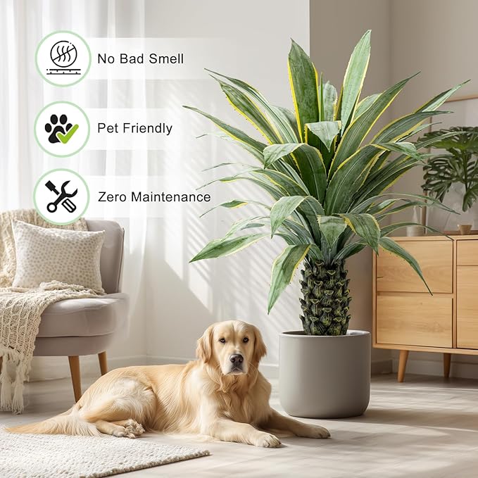 Artificial Agave Plant Potted Plants for Indoor Outdoor Fake Agave Tree in Pot Realistic Faux Tree with 42 Leaves for Home Living Room Office Garden Front Porch Patio Decor (51inch-1 Pc Potted Yellow)