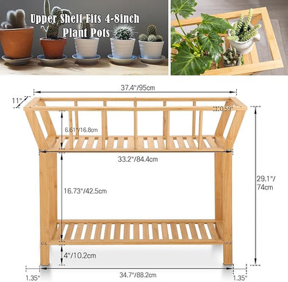 Nnewvante Bamboo Plant Stand Indoor 37.4"x11" 2 Tier Tall Plant Table Shelf Flower Pot Organizer Holder, Sofa Entryway Table for Window-sill Living Room Balcony