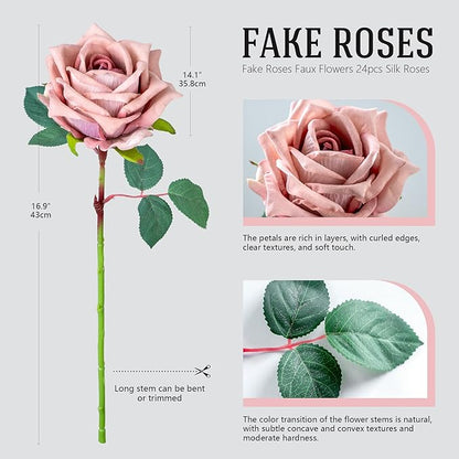 Fake Roses Faux Flowers Silk Roses 16.5In Artificial Roses with Stems Realistic Artificial Flowers Suitable for Indoor Home Decor DIY Bouquet Wedding Decor Party Decor 24PCS (Pink Purple)