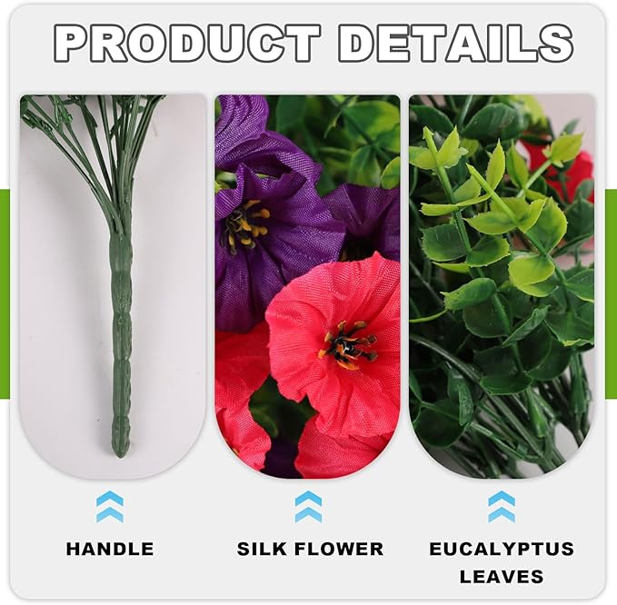 Artificial Hanging Flowers for Outdoor, 2 PCS Silk Morning Glory Faux Flowers with Eucalyptus Leaves,Realistic Hanging Plants for Wedding Home Office Garden Decor