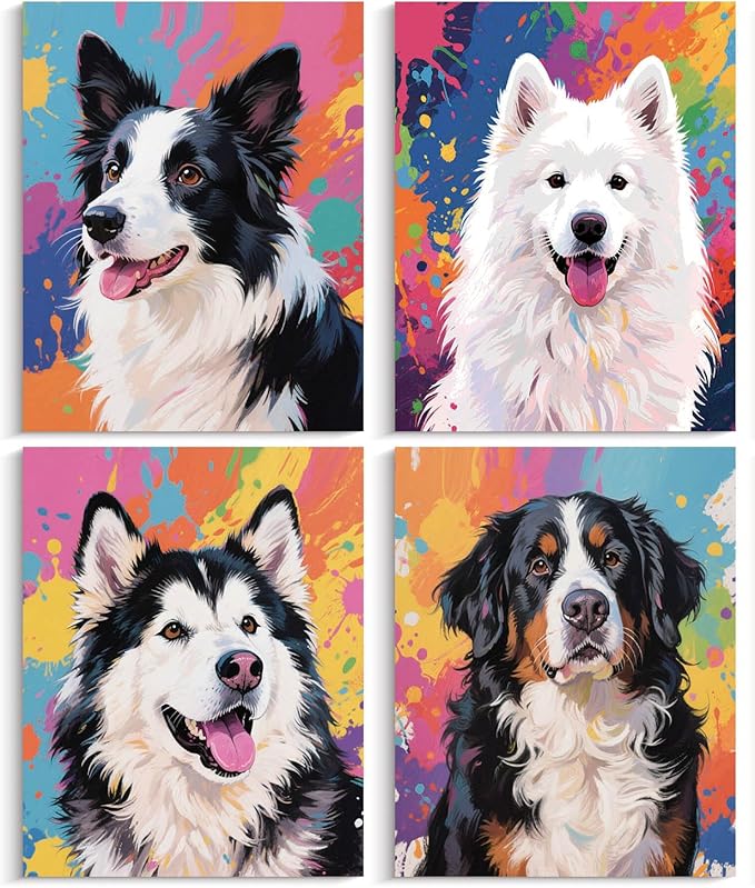 NIIORE Colorful Dog Canvas Wall Art, Pet Printing, Border Collie, Samoyed, Alaskan Malamute, Bernese Mountain Dog Prints, Set of 4, 8x10 Inches Unframed