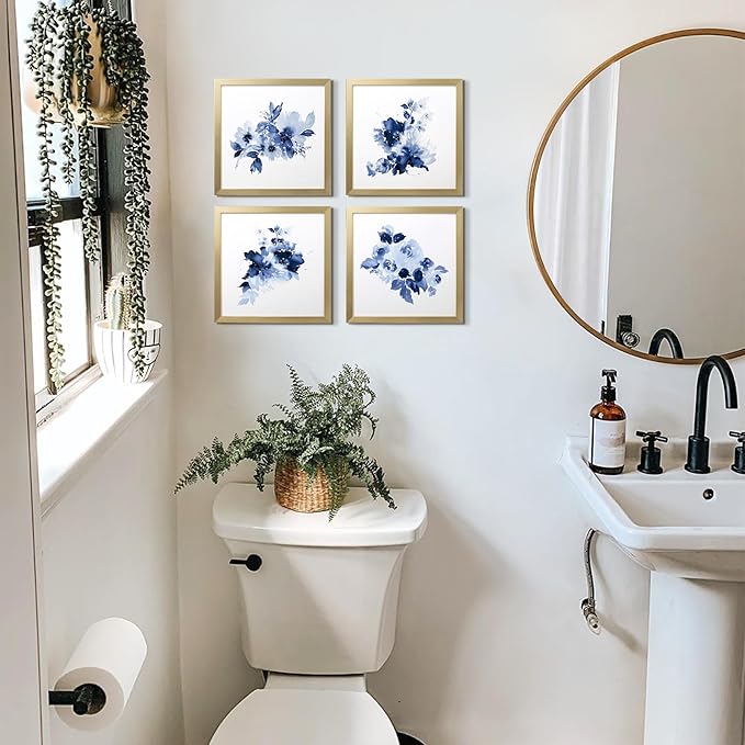 ArtbyHannah Framed Bathroom Wall Decor, Navy Blue Wall Art with Gold Frame and Watercolor Floral Prints Pictures for Kitchen Bedroom Home Decorations (4 Pack, 10x10 Inch)