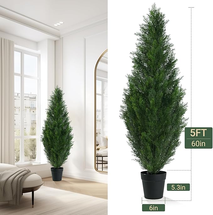 5FT Artificial Topiary Cedar Tree with Pot, Fake Cedar Plant for Indoor Outdoor Décor, UV Resistant Faux Evergreen Tree for Home, Garden, Porch, Office, Artificial Christmas Tree Alternative,2Pack