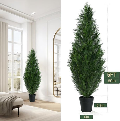 5FT Artificial Topiary Cedar Tree with Pot, Fake Cedar Plant for Indoor Outdoor Décor, UV Resistant Faux Evergreen Tree for Home, Garden, Porch, Office, Artificial Christmas Tree Alternative,2Pack