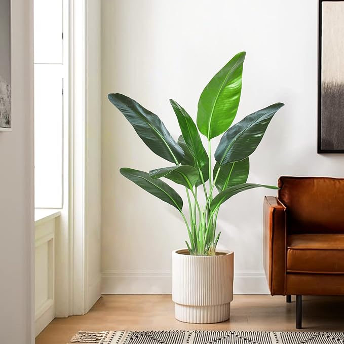 2Packs 4FT Artificial Bird of Paradise Plant,Faux Palm Tree Potted Plant with Real Touch Leaves,Fake Trees for Home Living Room Office Indoor Outdoor Decor(4 FT-2Packs)