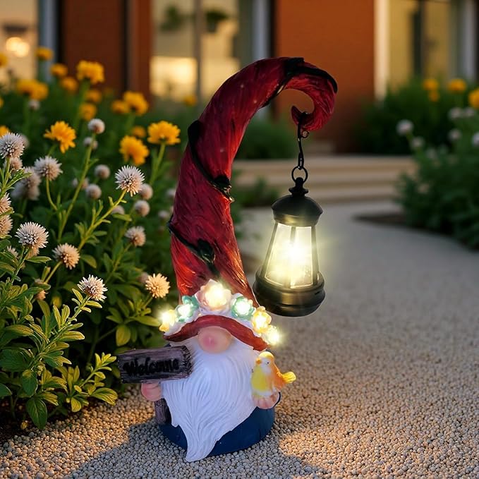 Evursua Solar Outdoor Figurine Lights Gnome Garden Decor Statue with LED Lantern, Glowing Fairy Yard Decorations for Outside Patio Yard Front Porch, Housewarming Home Decor Gifts Thanksgiving