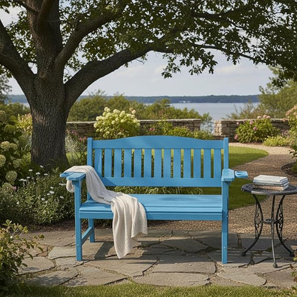 2-Person HIPS Outdoor Bench, Weatherproof Garden Bench with 800 lbs Weight Capacity, Artificial Wood Grains, Never Rot or Fade, Patio Benches for Garden, Porch, Balcony, Backyard,Park, Blue