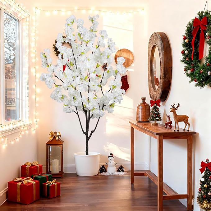 Indoor Cherry Blossoms Tree White Artificial Cherry Blossom Tree 6FT Faux Bedroom Trees for Home Christmas New Year Decor