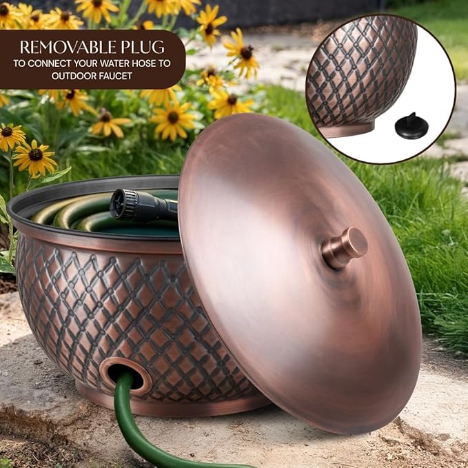 Monarch Abode Garden Hose Holder with Lid – Decorative Water Hose Holders for Outside, Diamond Embossed Metal Antique Copper Pot with Drainage, 100ft Waterhose Holder for Outside, Garden Storage Caddy