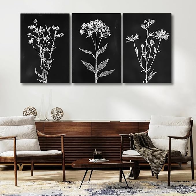sawjug Black And White Botanical Canvas Wall Art,Minimalist Wildflower Wall Decor,Vintage Botanical Floral Wall Painting for Living Room, Bedroom,Office (24" x 36" x 3 pcs)