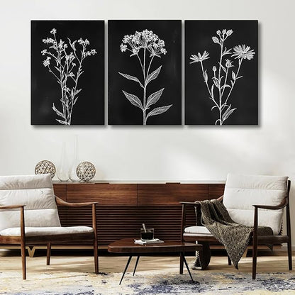 sawjug Black And White Botanical Canvas Wall Art,Minimalist Wildflower Wall Decor,Vintage Botanical Floral Wall Painting for Living Room, Bedroom,Office (24" x 36" x 3 pcs)