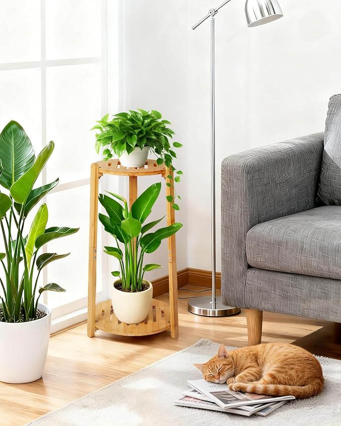 Bamboo Plant Stand Indoor,2 Tier Round Plant Shelf for Large Plants,Corner Flower Pot Stand,23.6'' Tall Plant Holder for Living Room Balcony Bedroom,Natural