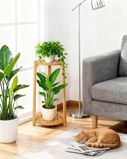 Bamboo Plant Stand Indoor,2 Tier Round Plant Shelf for Large Plants,Corner Flower Pot Stand,23.6'' Tall Plant Holder for Living Room Balcony Bedroom,Natural