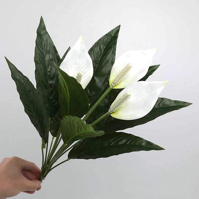 Spathiphyllum Artificial Plants with White Flowers, 2-Pack Green Leaves Artificial Peace Lily Flower Plants