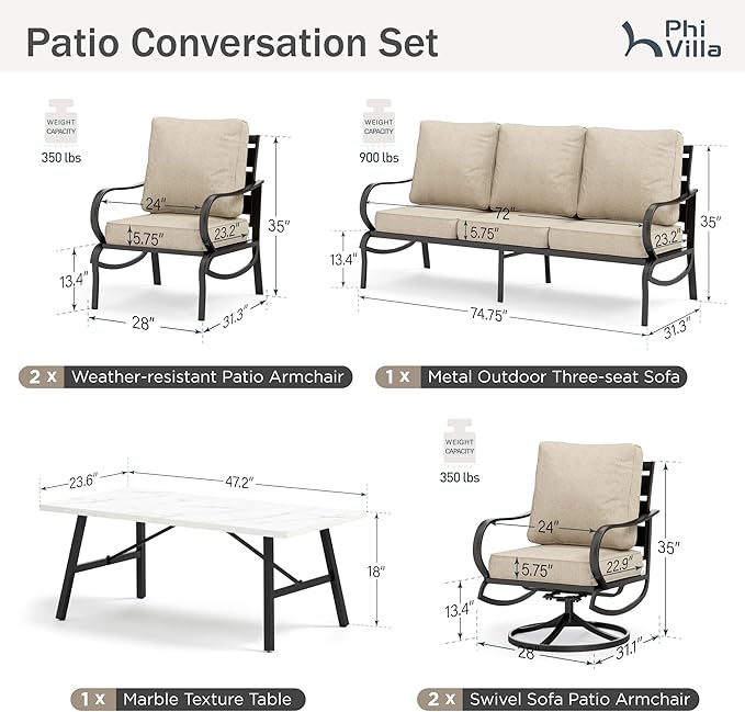 PHI VILLA 6 Piece Patio Furniture Sets with 1 x 3 Seater Padded Deep Seating Bench, 2 x Swivel Cushioned Sofa Chairs, 2 x Leg Sofa Chairs and 1 x Coffee Table, Outdoor Metal Furniture Set for 7