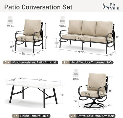 PHI VILLA 6 Piece Patio Furniture Sets with 1 x 3 Seater Padded Deep Seating Bench, 2 x Swivel Cushioned Sofa Chairs, 2 x Leg Sofa Chairs and 1 x Coffee Table, Outdoor Metal Furniture Set for 7