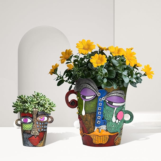 Abstract Face Planters Pots - Whimsical Hand-Painted Ceramic Face Pot for Succulents, Unique Planters for Indoor Garden Decor, Artistic Home & Office Desk Decoration（1small& 1 Big）