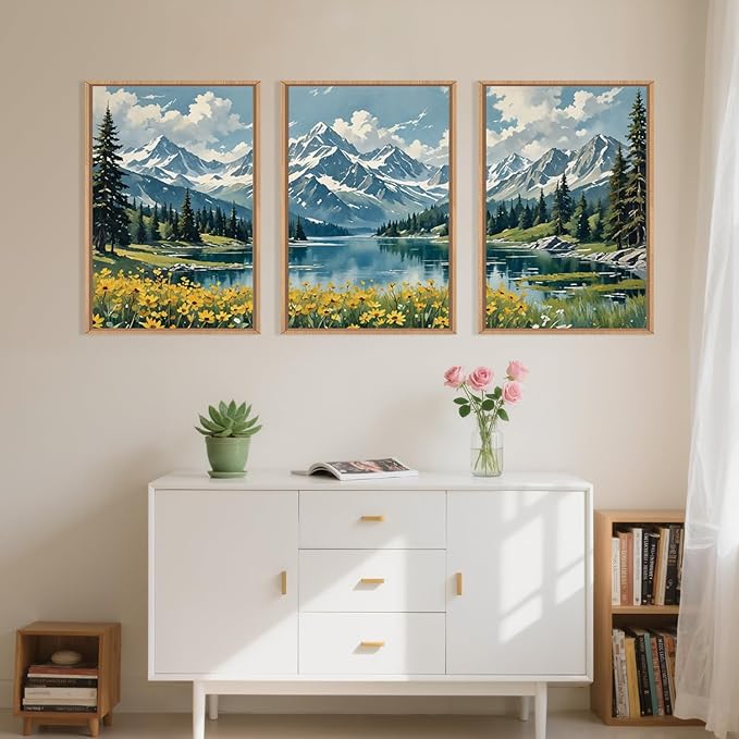 Large Snow Mountain Wildflower Framed Canvas Wall Art,Pine Tree Woodland Wall Decor,Forest Floral Lake Wall Painting,Scenery Artwork for Living Room,Bedroom,Dining Room,Office -16"x24"x3