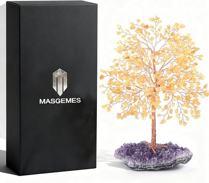 Gemstone Crystal Tree of Life,Natural Citrine(406 Stones Count) with Amethyst Cluster Base,Chakra Healing Crystals Positive Energy Fengshui Bonsai Money Tree Gift 8.5"-9"