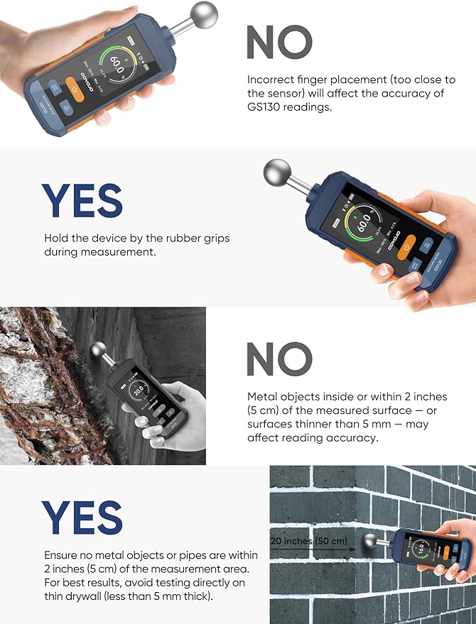 Pinless Moisture Meter for Wood, Walls & Drywall | Digital Moisture Meter, Firewood Moisture Tester & Concrete Reader | GS130 USB-C Rechargeable Humidity Tester