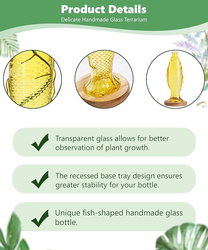 Nacome Fish Vase Propagation Stations: Glass Plant Terrarium with Wooden Stand for Home Office Desk Decor, Unique Gifts for Plant Lovers Women Mom (Yellow)