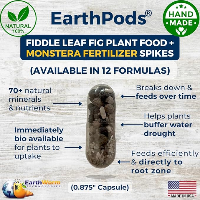 EarthPods® Fiddle Leaf Fig Plant Food Spikes – 100 Organic Fertilizer Capsules for Monstera, Ficus, Rubber Tree, Dracaena, Pothos, Calathea - Made in USA