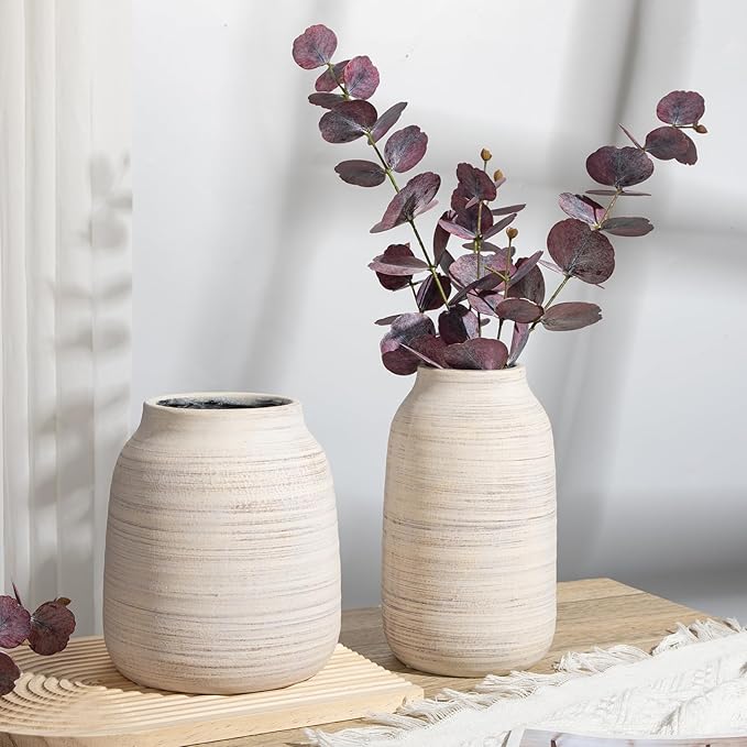 Briful 8.3in Tall Large Rustic Shabby White Ceramic Vase, Vintage Farmhouse Natural CountryTerra Cotta, Antique Pottery Pampas Flowers Vases for Living Room Kitchen Table Shelf Decor
