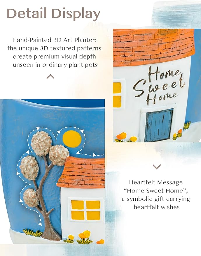 New Home Gift Ideas: Home Sweet Home Plant Gift for Plant Lover - 5.3in Hand-Painted 3D Art Planter - Gardening House Warming Gift for New Apartment Christmas