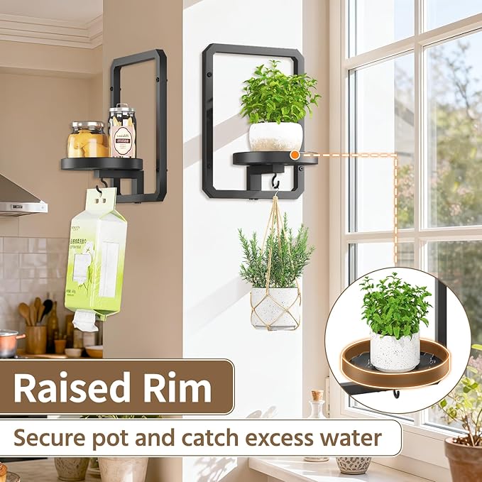 LASZOLA 3 Pcs Black Wall Mount Plant Shelves with Hangers for Indoor Flower, Heavy Duty Metal Window Floating Planter Holders Stand, Modern Iron Picture Frame with Hook Decorative for Kitchen Bathroom
