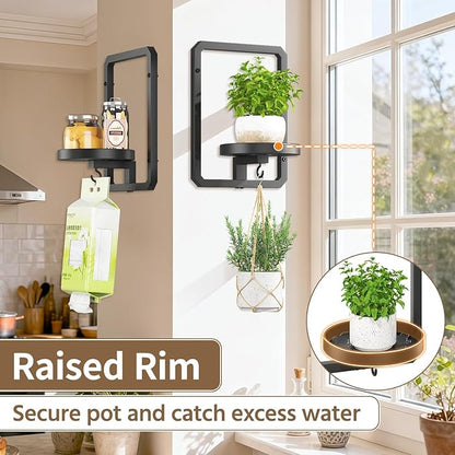 LASZOLA 2 Pcs Black Wall Mount Plant Shelves with Hangers for Indoor Flower, Heavy Duty Metal Window Floating Planter Holders Stand, Modern Iron Picture Frame with Hook Decorative for Kitchen Bathroom