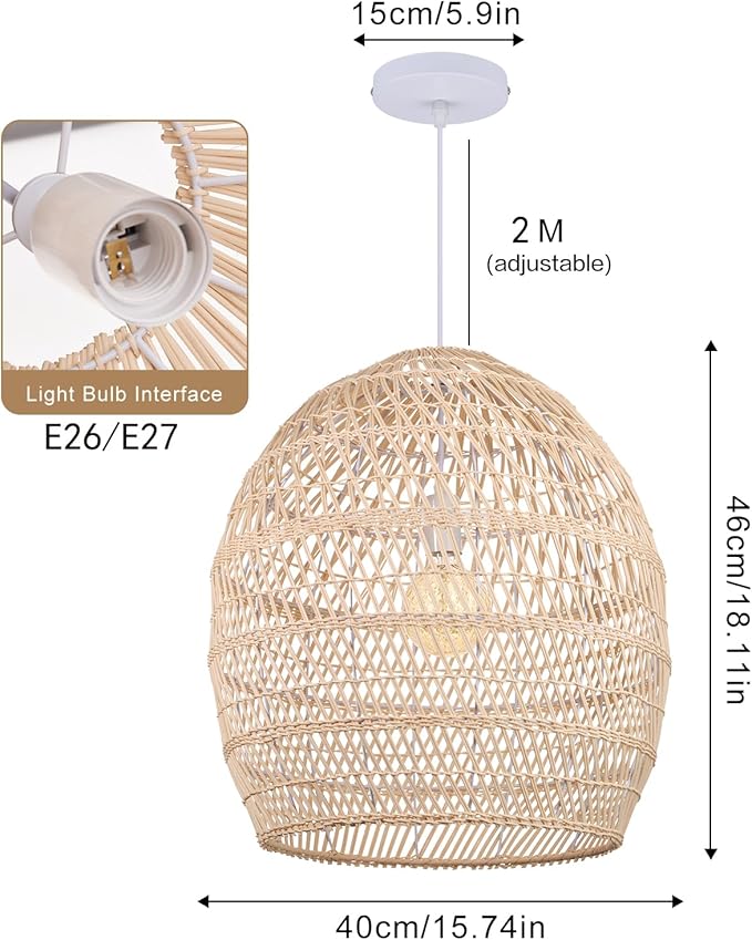 Arturesthome Boho Wicker Chandelier,W 15.7"*H 18" Rustic Rattan Basket Pendant Light Fixture Coastal,Farmhouse Hanging Lighting for Dining Table Kitchen Island Bedroom