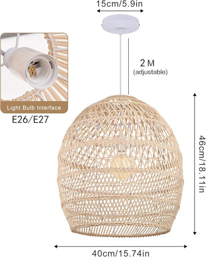 Arturesthome Boho Wicker Chandelier,W 15.7"*H 18" Rustic Rattan Basket Pendant Light Fixture Coastal,Farmhouse Hanging Lighting for Dining Table Kitchen Island Bedroom