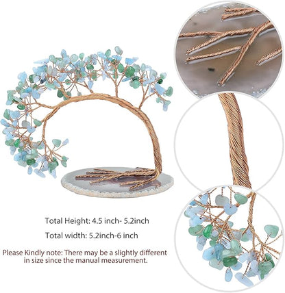 mookaitedecor Green Aventurine & Aquamarine Crystal Money Tree Agate Slice Base Feng Shui Bonsai Crystal Tree for Wealth Luck Desk Decor, 4.5-5.2 Inch High