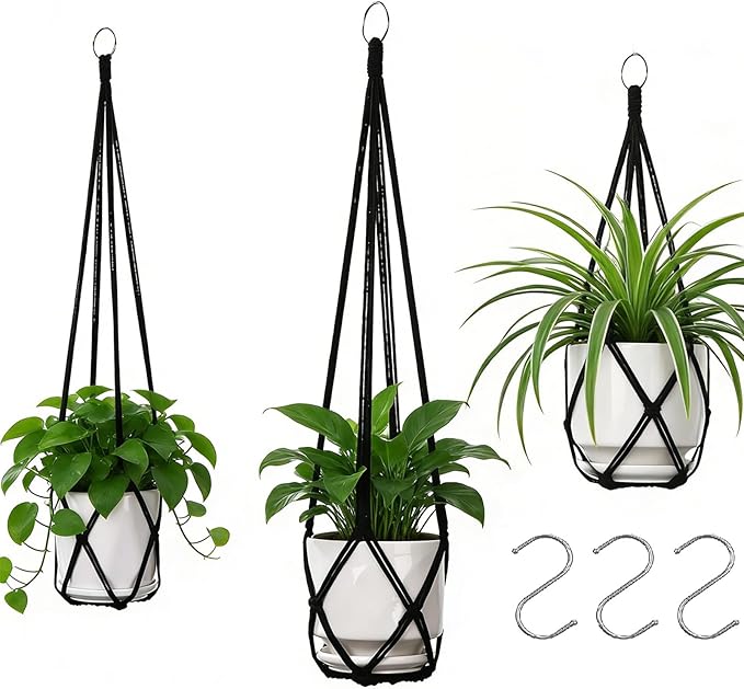 YIBOT 3 Pack Black Macrame Plant Hanger Indoor Hanging Planter Basket with 3 Hooks, 35"/29"/23" Crochet Plant Holder Stand No Tassels for Indoor Outdoor Boho Home Decor (POTS NOT Included)