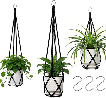 YIBOT 3 Pack Black Macrame Plant Hanger Indoor Hanging Planter Basket with 3 Hooks, 35"/29"/23" Crochet Plant Holder Stand No Tassels for Indoor Outdoor Boho Home Decor (POTS NOT Included)