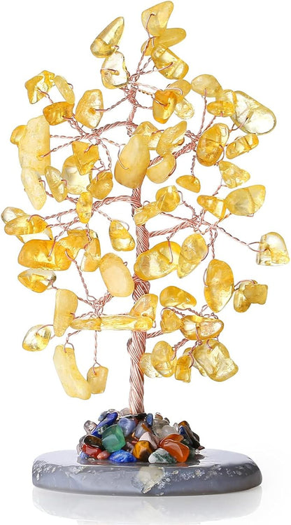Citrine Healing Crystal Tree of Life Natural Gemstone Agate Slice Base Copper Wire Wrapped Money Trees Feng Shui Reiki Spiritual Energy Decorations Home Office Room Desk Decor Gifts for Women Men