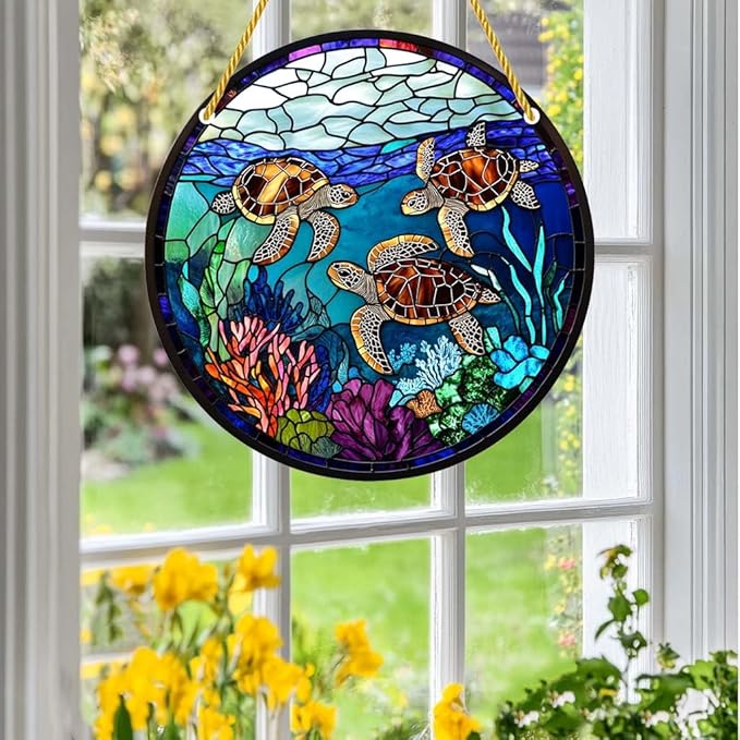 Acrylic Stained Window Hanging Turtle Acrylic Decoration for Indoor Outdoor Home Bar Office Garden Plastic Ornament Decor 12x12 Inch