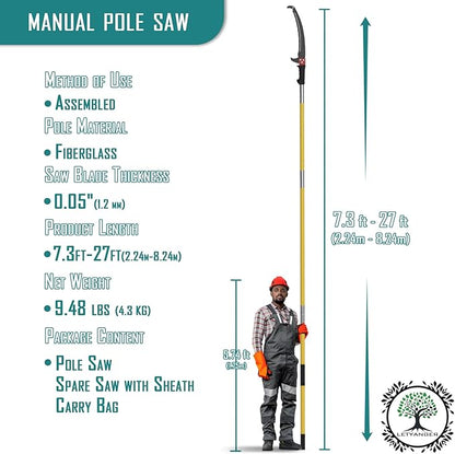 Pole Saws for Tree Trimming, 7.3-27 ft Extendable Tree Trimmers Long Handle Pruner, Sharp Steel Blade and Scissors High Branches Trimming, Tree Pruner, Tree Saw (7.3-27 ft)