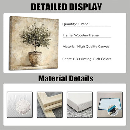 Olive Tree in Vessel Rustic Canvas Wall Art Neutral Botanical Wall Decor Pictures Antique Vintage Potted Plant Poster Prints for Farmhouse Kitchen Dining Room Home Decoration 16x16in Ready to Hang