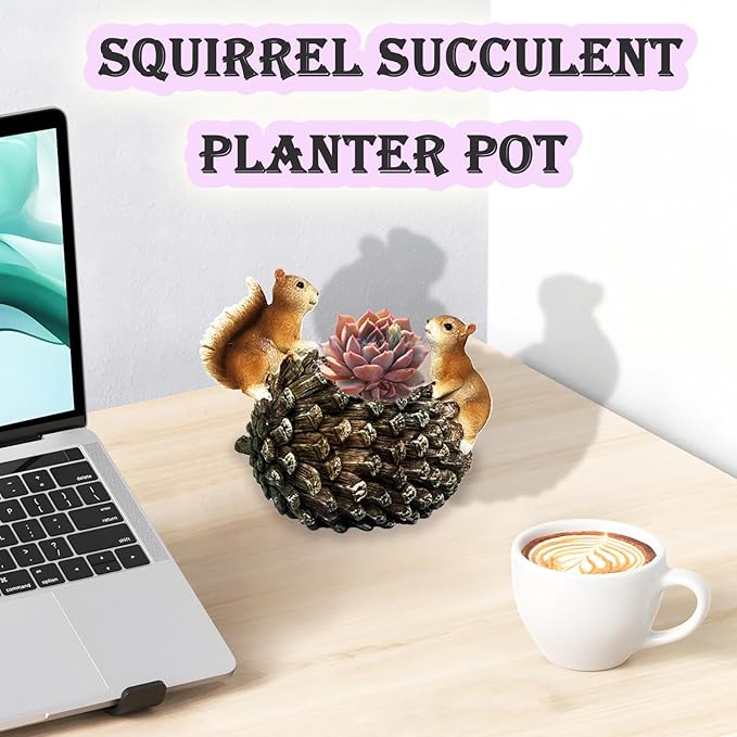 Cute Animals Planter Pot, Resin Squirrel Succulent Plant Flowerpot, Decorative Succulent Plant Planter, Lovely Pinecone Bonsai for Office Desk Room Home Indoor Decor