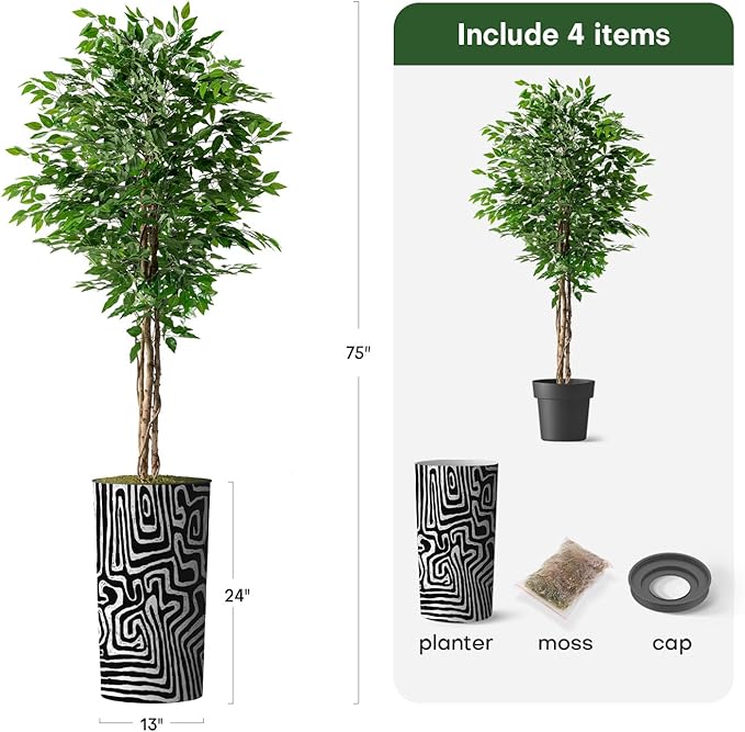 Artificial Tree in Modern Geometric Pattern Planter, Fake Ficus Silk Tree for Indoor and Outdoor Home Decoration - 75" Overall Tall (Plant Pot Plus Tree)