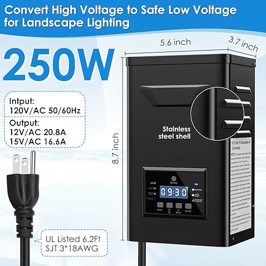 250W Low Voltage Landscape Transformer with Timer & Photocell for Landscape Lighting, 120V to 12V/15VAC, Stainless Steel, Weatherproof for Outdoor Landscape Lights,Yard Lights,Garden Lights